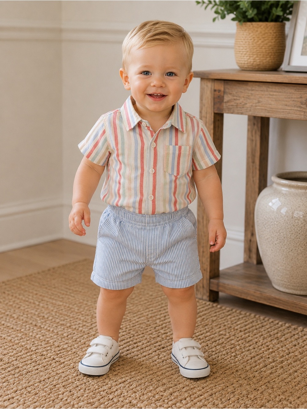 12-18 Toddler Short-Sleeve Button Shirt & Shorts Set Pastel Stripe & Light Blue